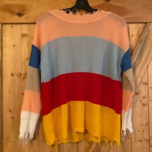 Striped Colorblock Distressed Knit Sweater